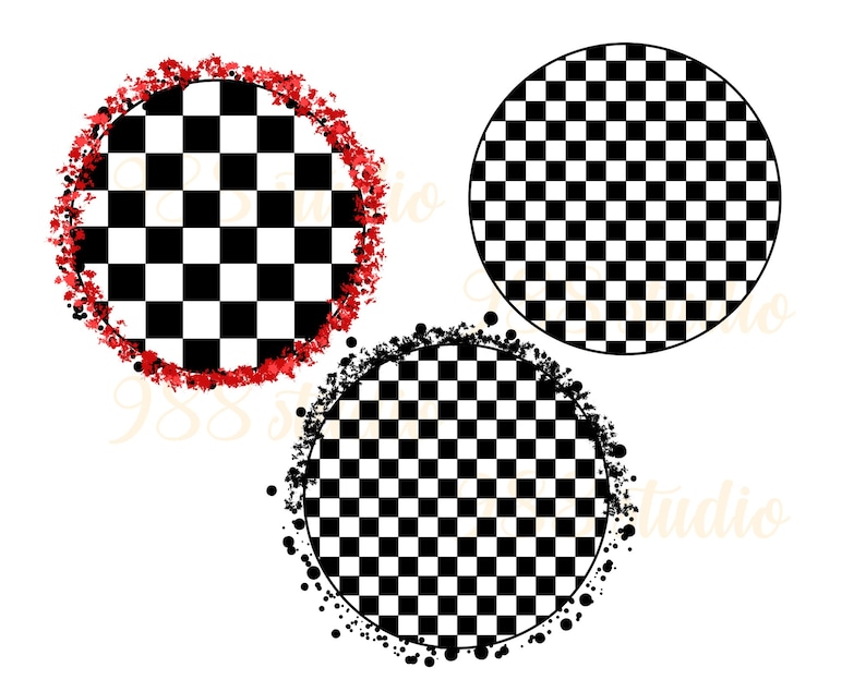 May include: Three black and white checkered circles with different borders. The first circle has a red and white speckled border. The second circle has a solid black border. The third circle has a black speckled border.
