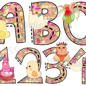 Imágenes prediseñadas de fuente de pollo, alfabeto de gallina png, impresión abc, imágenes prediseñadas de animales de granja, conjunto de letras, letras de visualización, fuentes de animales, paquete de letras de garabato