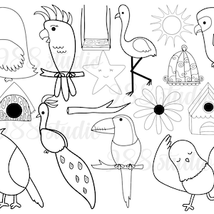 Pájaros SVG lindo, garabato pájaro png, animales clip art, dibujo de líneas de pájaros, coloración de pájaros, sublimación de pájaros, paquete de pájaros SVG, pegatinas de pájaros