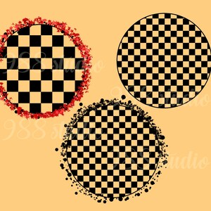 May include: Three black and white checkered circles with different borders. The first circle has a red border with a scattered red dot pattern. The second circle has a solid black border. The third circle has a black border with a scattered black dot pattern.