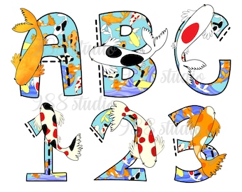 Koi fish font png, fishes clip art, water animal alphabet, colorful fonts, fish sublimation, number png, letters with numbers, doodle font