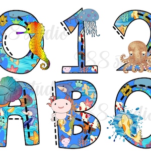 Alfabeto de animais aquáticos png, pdf, fonte de animais marinhos, letras de peixes png, subaquático, clipart de fontes, arte oceânica, fontes e números, fonte de doodle