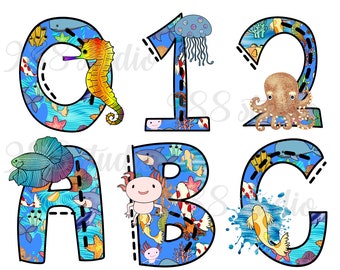 Alphabet animaux aquatiques png, pdf, police d'animaux marins, lettres de poissons png, sous-marin, clipart polices, art de l'océan, polices et chiffres, police doodle