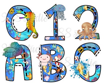 Water animal alphabet png, pdf, sea animal font, fish letters png, underwater, fonts clip art, ocean art, fonts and numbers, doodle font