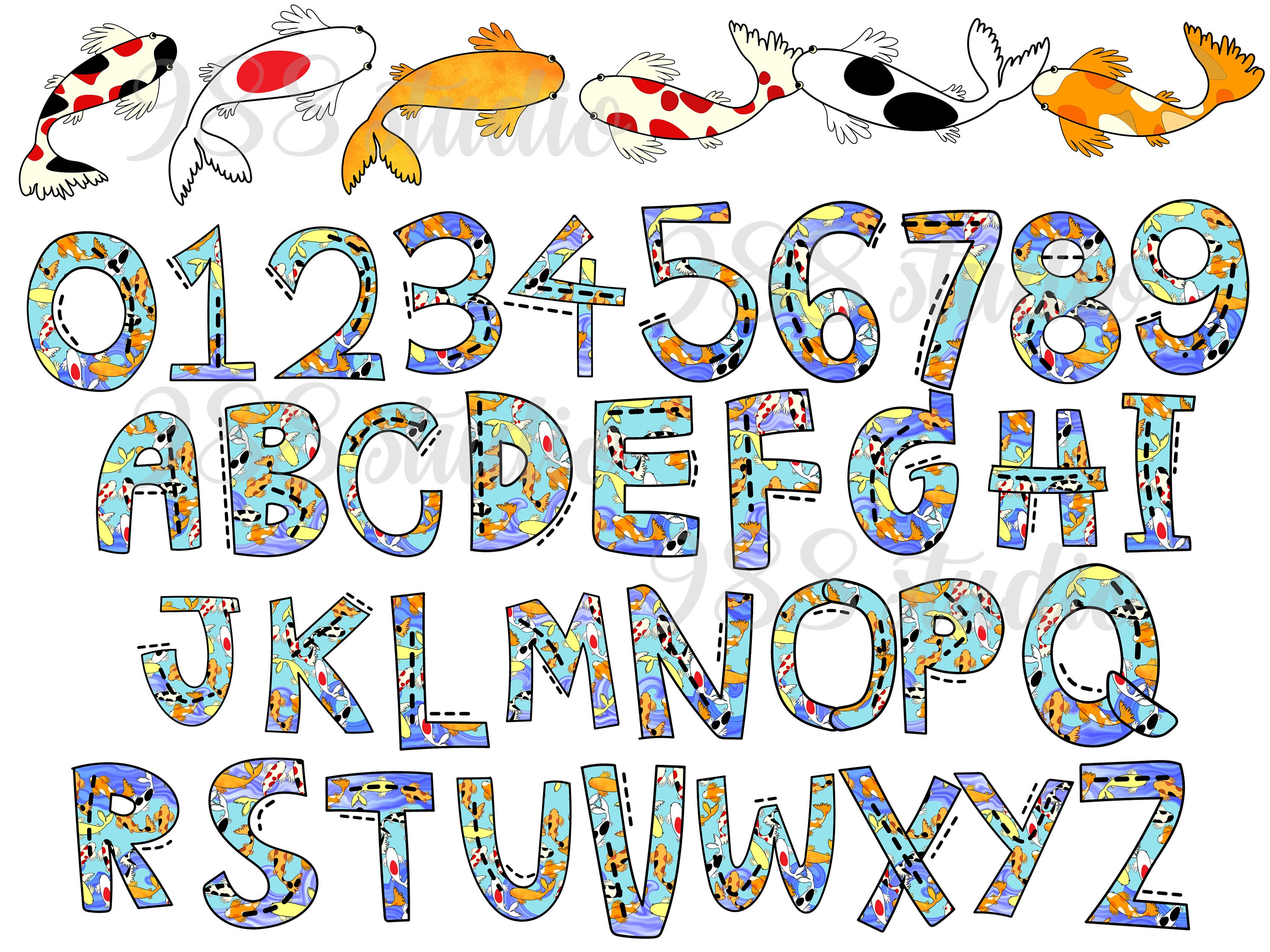 Koi Fish Font Png, Fishes Clip Art, Water Animal Alphabet, Colorful ...