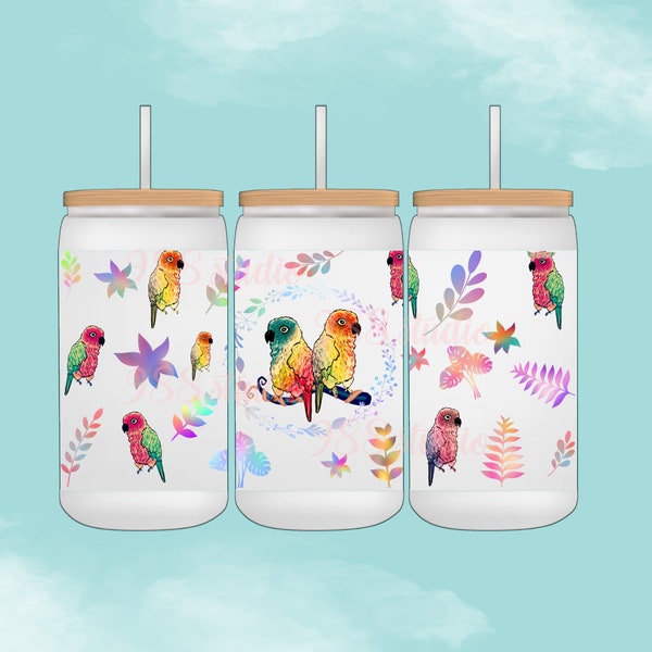 Parrot glass can, bird glass can, bird libby png, bird sublimation, parrot sublimation, libbey sublimation, 16oz, 20oz libbey glass can