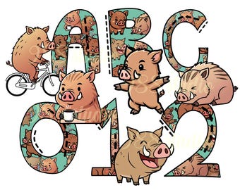 Boar alphabet, pig font png, wild animal sublimation, forest art, doodle number, letters with numbers