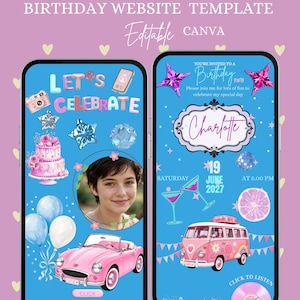 May include: A digital birthday website template for Canva featuring two mobile phone screens with blue backgrounds, pink car and van graphics, a tiered cake, balloons, party text, and customisable photo placeholders for an event invitation.