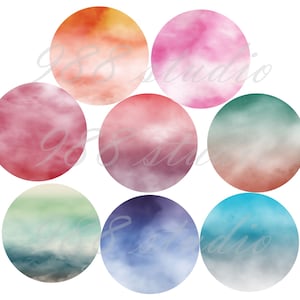 May include: Set of eight round watercolor illustrations featuring different shades of pink, blue, green, and orange. Each illustration depicts a cloudy sky with a soft, blended effect.