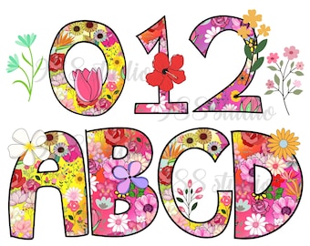 Flower alphabet png, floral font pdf, abc png, flower font, alphabet sublimation, floral letters, summer font, colorful alphabet, number png