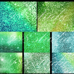 May include: A digital paper pack with nine different green and blue glitter textures. The textures are perfect for creating digital backgrounds, scrapbooking, and other craft projects.