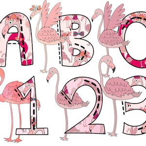 Fuentes de flamencos, alfabeto doodle png, letra de pájaro rosa pdf, linda fuente clip art, letras png, números doodle, clip art de números, sublimación