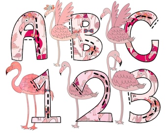 Flamingo fonts, doodle alphabet png, pink bird letter pdf, cute font clip art, letters png, doodle numbers, number clip art, sublimation