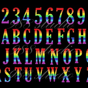 May include: Rainbow alphabet and numbers. The letters and numbers are outlined in red and filled with rainbow stripes.