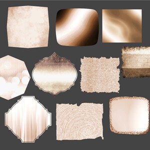 K&ouml;nnte beinhalten: Satz von zehn digitalen Papiertexturen in einem Ros&eacute;gold-Farbschema. Die Texturen umfassen eine Vielzahl von Mustern, wie z. B. Punkte, Streifen und Wirbel.