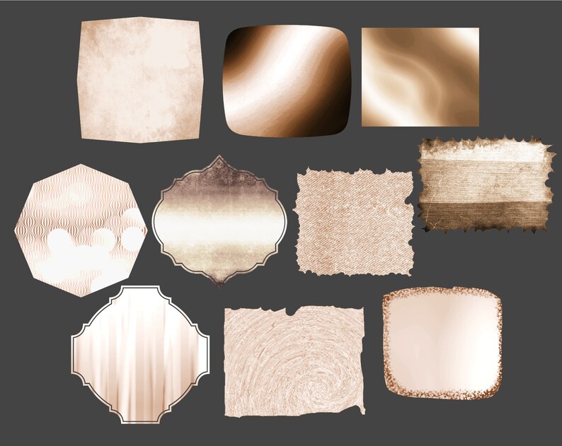 K&ouml;nnte beinhalten: Satz von zehn digitalen Papiertexturen in einem Ros&eacute;gold-Farbschema. Die Texturen umfassen eine Vielzahl von Mustern, wie z. B. Punkte, Streifen und Wirbel.