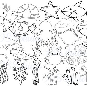 Imágenes prediseñadas submarinas, svg de animales oceánicos, png de animales marinos de garabatos, dibujo de líneas de animales acuáticos, tiburón, raya, tortuga, arte de pulpo, paquete SVG