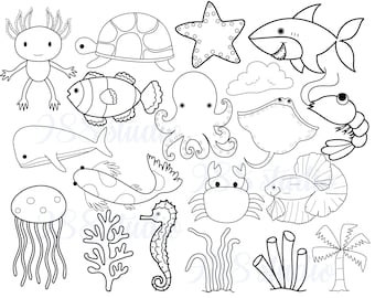 Underwater clip art, ocean animal svg, doodle sea animal png, water animal line drawing, shark, stingray, turtle, octopus art, bundle SVG