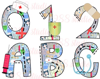 May include: A set of colorful alphabet letters and numbers decorated with a medical theme. The letters are A, B, and C. The numbers are 0, 1, and 2. The letters and numbers are outlined in black and have a dashed line around the outside. The background of the letters and numbers is a light blue with a pattern of medical symbols, including syringes, bandages, stethoscopes, and pills.