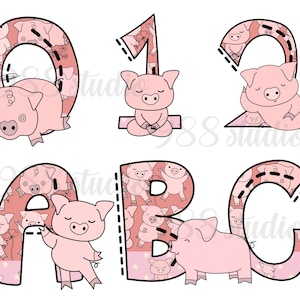 Fuentes de cerdo, arte de cerdo doodle, alfabeto animal png, pdf, cerdo lindo, letras de cerdo png, cerdos divertidos, alfabeto rosa, números de garabato, animales de granja png