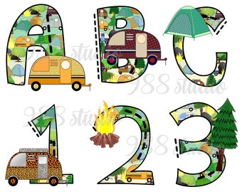 Camping font png, camper sublimation, alphabet letters, camp clip art, doodle font, number printable, camp car art, letters numbers