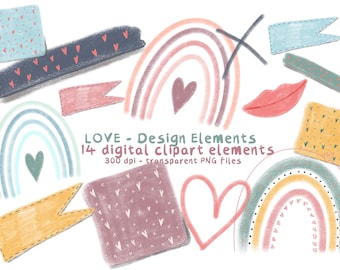 Boho Love Rainbow  Clipart in muted colours. For Card making, Sublimation Printing & Digital Planners. Digital Download from Mint Lemonade