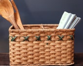Rectangle Wicker Rattan Basket with Green Detail Divider - Modern Farmhouse Knapkin Utensil Basket