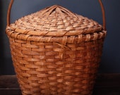 Extra Large Square to Round Shaker Style Lidded Basket with Hand Carved Wood Handle Lid