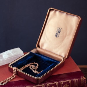 Brown Leather Jewelry Box with Navy Blue Velvet Lining - Vintage Brown Leather and Blue Velvet Jewelry Presentation Box