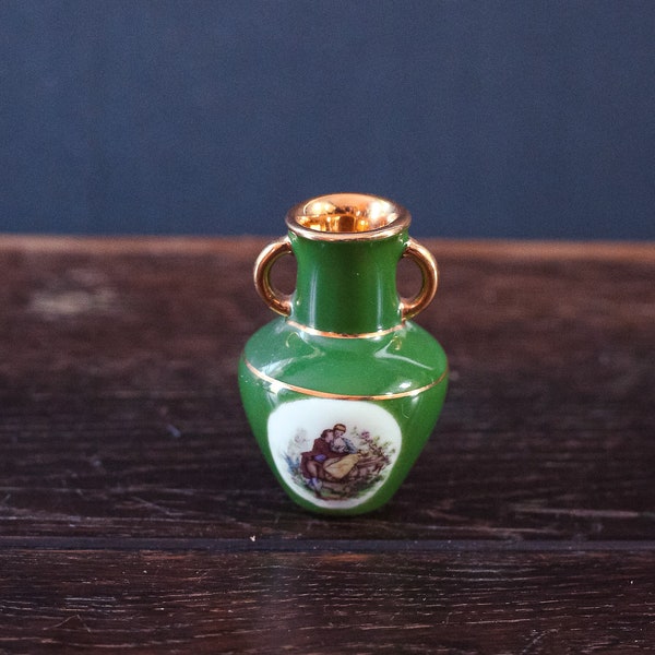 Mini Limoges Amphora Vase in Olive Green with Gilded Details - Antique Limoges France Miniature Fragonard Porcelain Vase