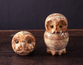 Pair of Hand Carved Italian Alabaster Owls - Vintage Carved Stone Owl Statues Made in Italy