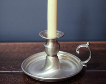 Pewter Chamber Candle - Vintage Silvertone Candle Holder