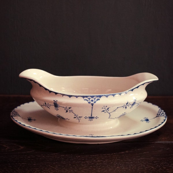 Blue Fluted Gravy Bowl with Attached Plate Furnival - Antique Blue White Ceramic Dishware