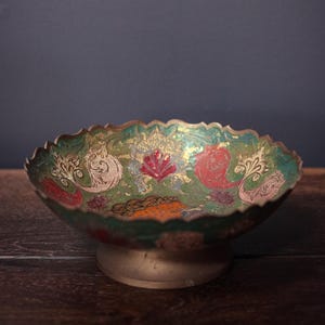 Large Green Brass Enamel Peacock Bowl 7.5&quot; Wide - Vintage Brass Enamel Altar Bowl