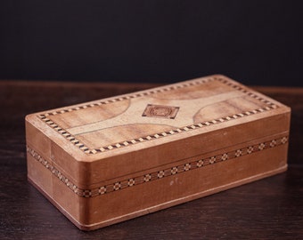 Wood Marquetry Jewelry Box - Vintage Wooden Trinket Box with Wood Inlay Details