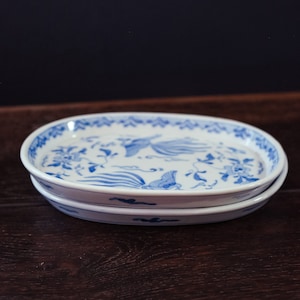 Paar Blau Weiß Phoenix Porzellan Niedrige Teller - Vintage Japanische Porzellan Servierplatten