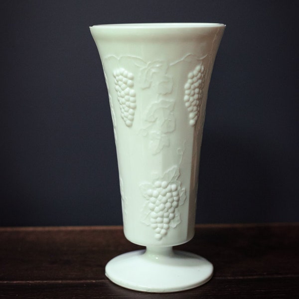 Milk Glass Depression Glass Vase with Grape Clusters & Leaves Pattern - Milkglass Colony Harvest Footed Vase