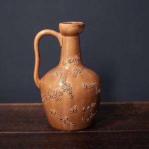 Taupe Ceramic Jug with Coffee in Multiple Languages - Vintage Ceramic Coffee Pitcher
