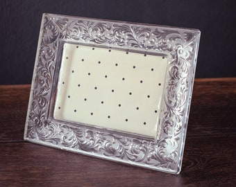 Solid Glass Picture Frame with Embossed Design - Vintage Crystal Photo Frame