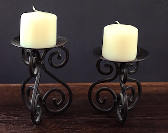 Pair of Black Metal Pillar Candle Bases - Vintage Black Iron Scroll Candle Holder