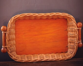 Wicker and Wood Bottom Serving Tray - Vintage Rectangular Wicker/Rattan Breakfast/Dining Tray