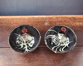 Vintage Set of Studio Pottery Bowls Signed - Pair of Vintage Hand Painted Black White Red Ceramic Bowls