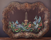 Handpainted Tole Tray with Peacocks Fountain - Unique Vintage Tole Painted Scenic Garden Pheasants Metal Tray
