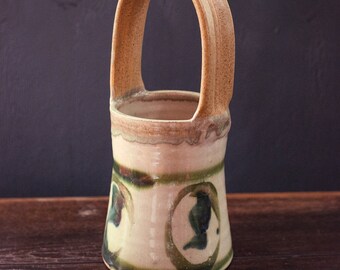 Ecru and Olive Glazed Ceramic Basket Vase - Vintage Studio Pottery Signed RB