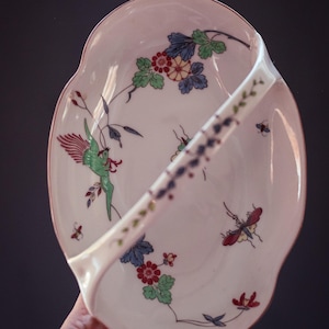 Botanical Hand Painted Chantilly Hand Painted Porcelain Dish - Vintage Asymmetrical Porcelain Serving Plate with Handle