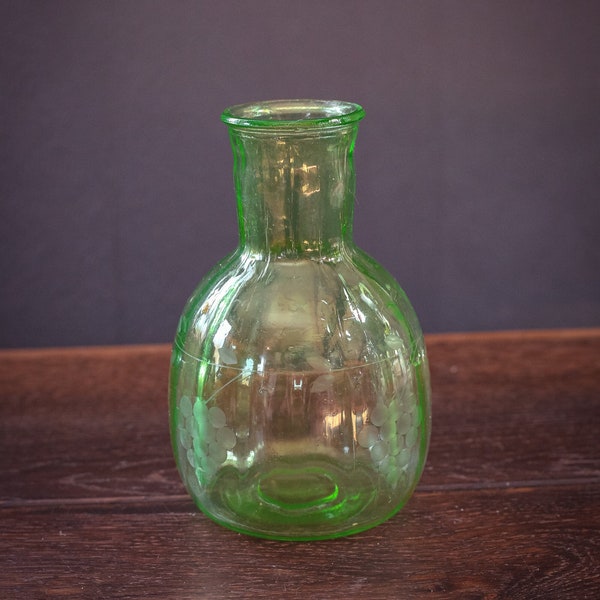 Green Uranium Glass Vase/Carafe - Vintage Depression Vaseline Glass Bottle