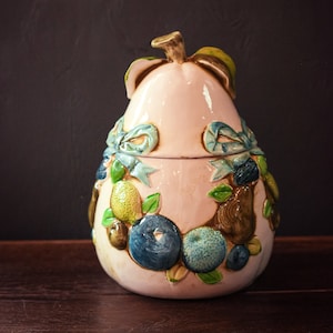 Vintage Ceramic Pear Bow Garland Cookie Jar - Napcoware Majolica Pear Citrus Garland Cookie Jar