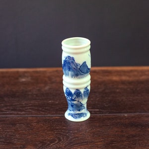Small Hand Painted Scenic Cylinder Vase - Vintage Mountain Scene Blue & White Japanese Bud Vase