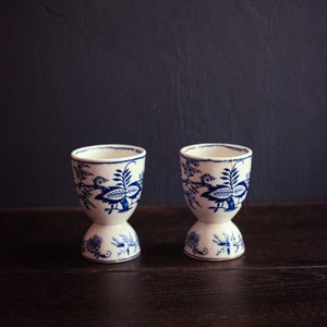 Antique Egg Cups in Blue Onion Pattern - Blue Flow Collectible Blue White Stoneware