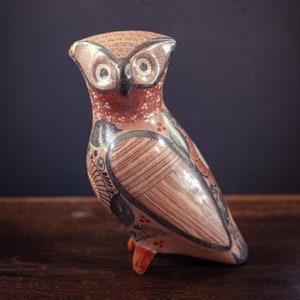 Hand Painted Tonala Ceramic Owl (Damaged Ear) - Large Vintage Mexican Pottery Painted Owl
